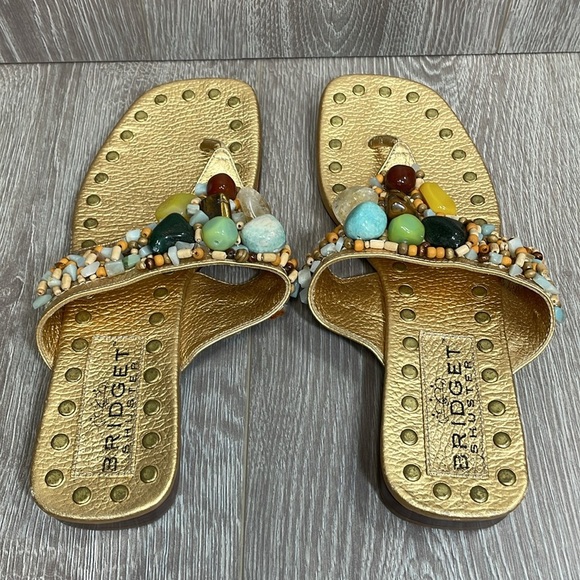 Bridget Shuster Gold Leather Thong Slip On Sandals Beaded Natural Stones 6.5 - Picture 5 of 15